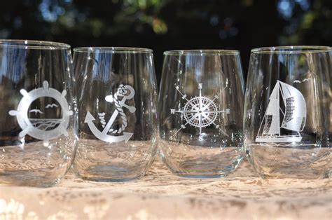 Nautical Wine Glass Set With Sailboat Ships Wheel Compass Rose Etsy In 2021 Wine Glass
