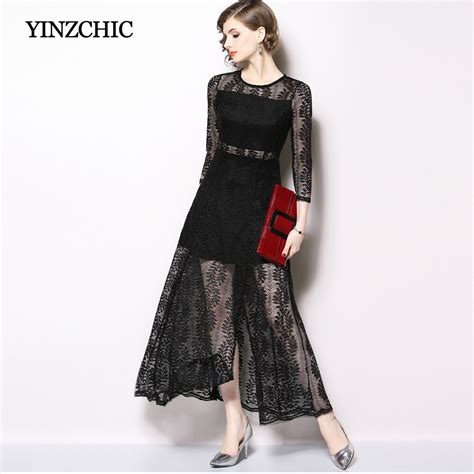 New Fall Woman Black Lace Dress O Neck Female Long Party Dresses Hollow
