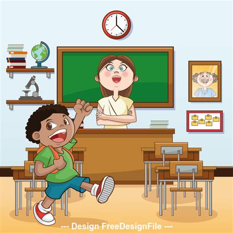 Teacher And Elementary School Student Classroom Cartoon Illustration