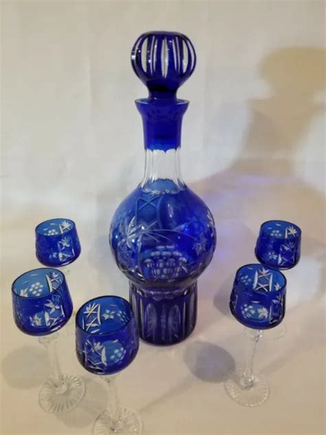 Vtg Bohemian Polish Crystal Cobalt Blue Cut To Clear Decanter And 5 Glasses 300 00 Picclick