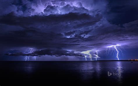 Sky Clouds The Storm Lightning Sea Night Lights Hd Wallpaper
