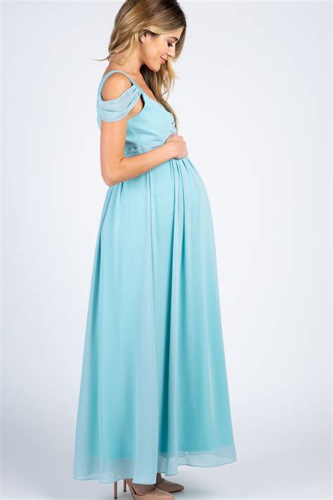 light blue chiffon pleated open shoulder maternity evening gown pinkblush