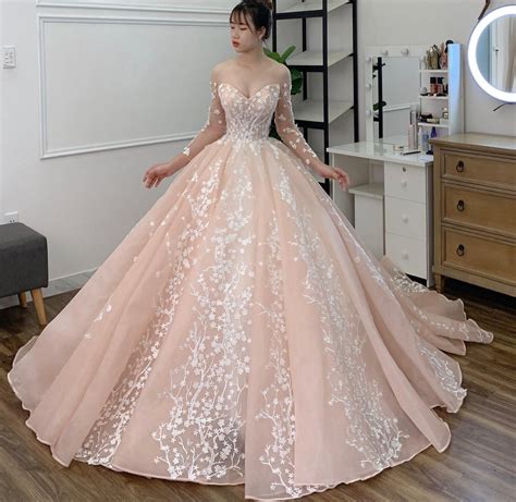 Gracious Long Sleeves 3D Floral Lace Applique Light Pink Ball Gown