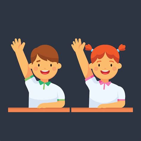Illustration Of Cartoon School Kids Raising Hand In The Classroom