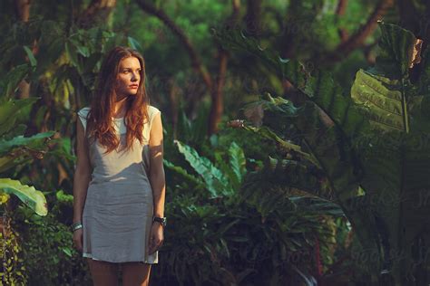 Woman Stands In Beautiful Tropic Nature By Alexandra Bergam