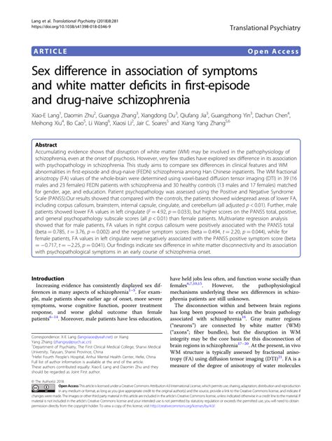 Pdf Sex Difference In Association Of Symptoms And White Matter Deficits In First Episode And