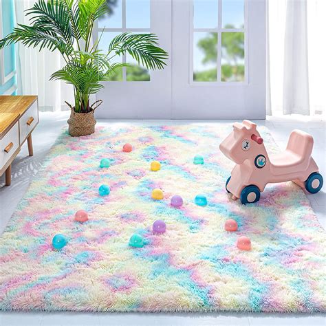 Fluffy Rainbow Rug For Girls Kids Luxury Shaggy Bedroom Rugs For Girls