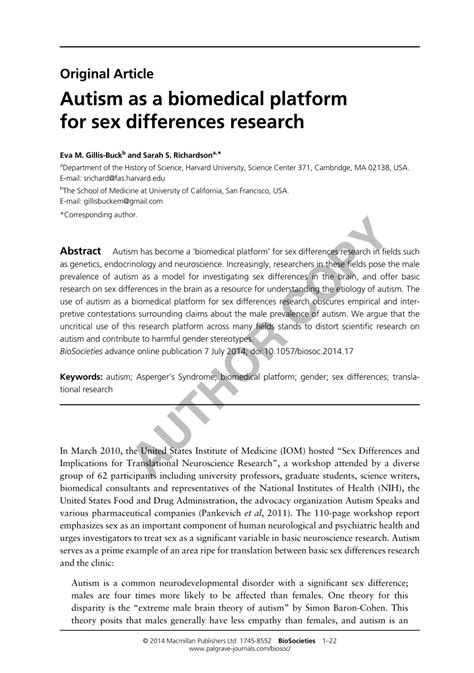 Pdf Autism As A Biomedical Platform For Sex Differences Research