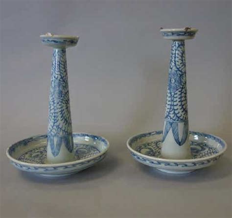 Chinese Blue And White Porcelain Candlesticks Pair