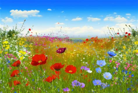 Colorful Natural Flower Meadows Landscape With Blue Sky In Summer And