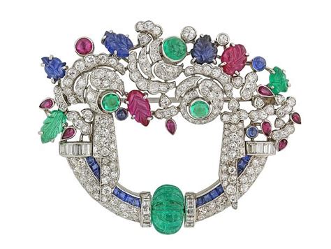 Art Deco Tutti Frutti Gemstone And Diamond Brooch In Platinum For Sale