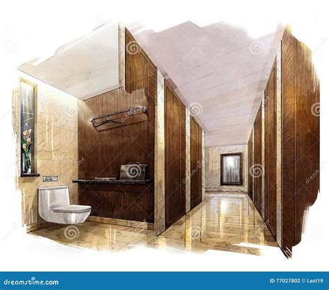 Sketch Perspective Interior Public Toilet Into A Watercolor On Paper