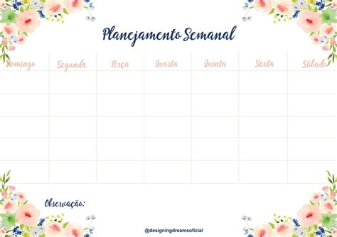 Planner Semanal Grátis para baixar jpeg Planejamento semanal