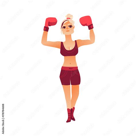 Vector Cartoon Stylized Brutal Muscular Strong Beautiful Woman Girl In