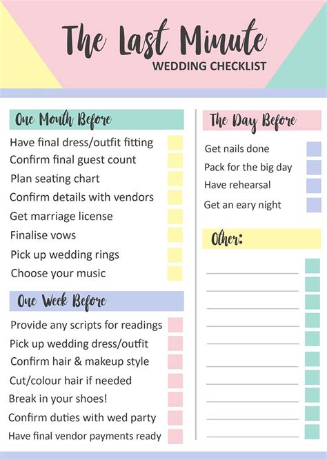 Punch holes on the side where the pink stripe is and add it to a binder. GRAB THIS FREE PRINTABLE LAST MINUTE WEDDING CHECKLIST ...