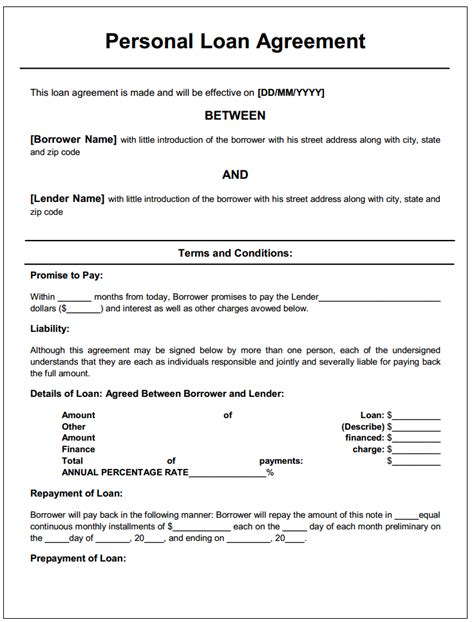 Free Printable Personal Loan Agreement Form Generic