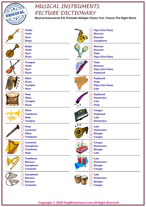 Musical Instruments Esl Printable Picture Dictionary Worksheet For Kids