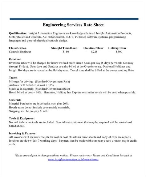 Rate Sheet Template 11 Free Sample Example Format