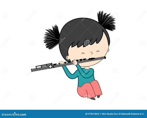Cute Little Girl Playing Flute Isolated On White Background Stock