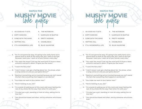 printable bridal shower game match the mushy movie love quotes