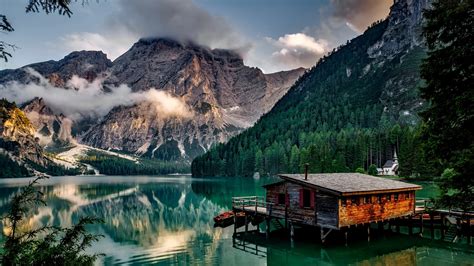 Nature Landscape Lake Fall Mountains Forest Blue Sky Water House