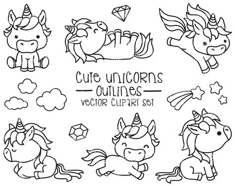 Premium Vector Clipart Kawaii Unicorns Outlines Cute