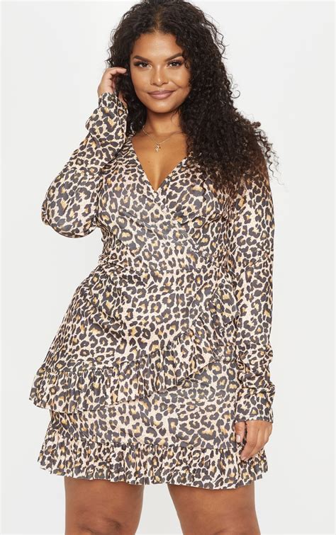 Plus Brown Leopard Print Wrap Dress Prettylittlething Qa