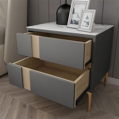 Deep Gray Bedroom Nightstand With 2 Drawer Modern Bedside Table Stone Top