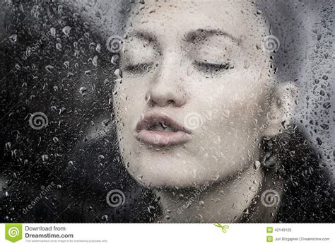 Sensual Girl Behind Window In Rain Drops Stock Image Image Of Adult