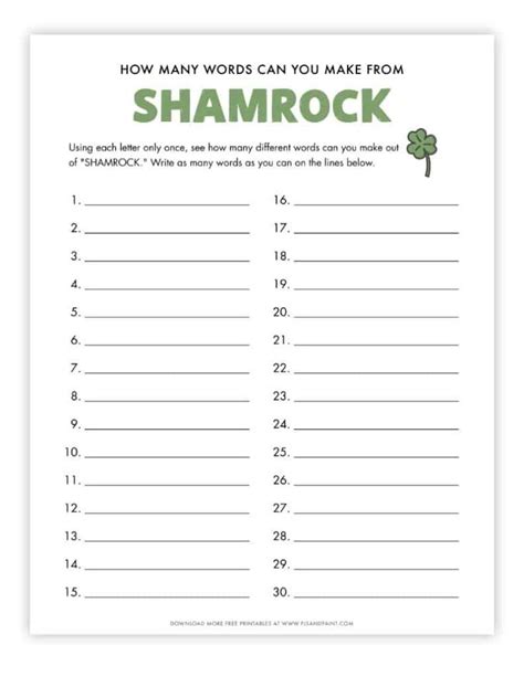 How Many Words Can You Make Out Of Shamrock Free Printable Game