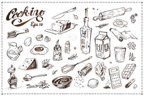Cooking Food Illustrations Set Hand Drawn Vector Sketches Of
