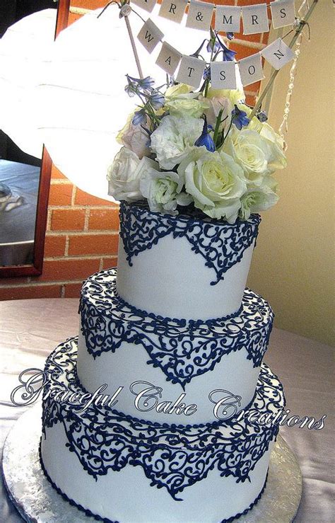 Elegant Ivory Wedding Cake With Navy Blue Lace Love The Lace Overlay