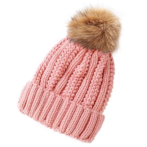 Women Knitted Beanie Hat Winter Thick Ski Caps Dual Layered Pink