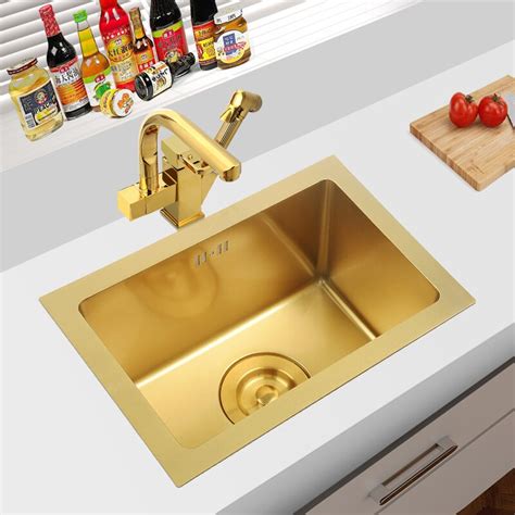 Brushed Gold Single Bowl Stainless Steel Kitchen Sinks Drop In Kitchen