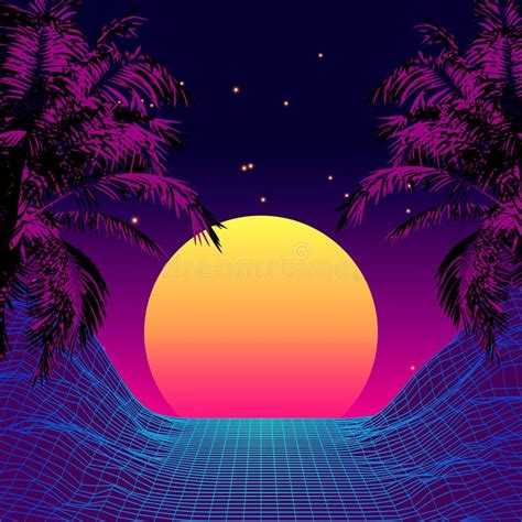 Retro 80s Style Tropical Sunset With Palm Tree Stock Vector