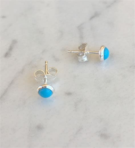 Turquoise Blue Round Stud Earrings Sterling Silver Mm Tiny Etsy