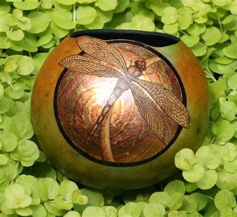 Dragonfly And Gold Leaf Gourd Mini Bowl Etsy Painted Gourds