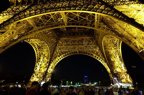 Eiffel Tower Bottom View With Lights At Night Editorial Stock Photo