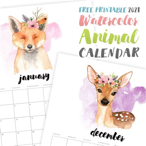 Free Printable 2021 Watercolor Animal Calendar The Cottage Market