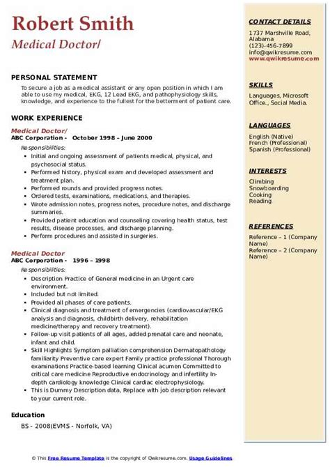 Resume For Doctors
