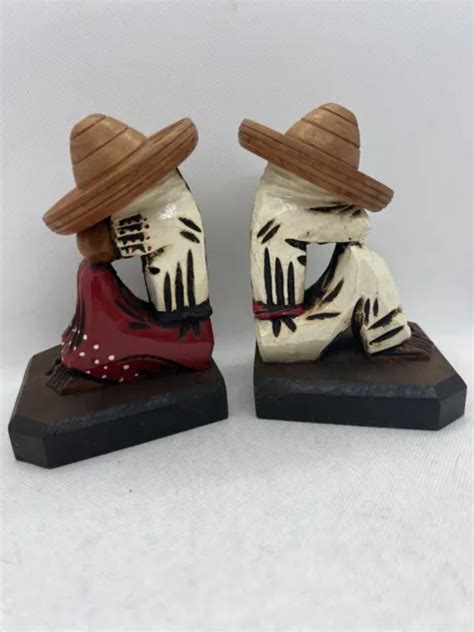 Vintage Siesta Man And Woman Carved Wooden Bookends Folk Art Mexican