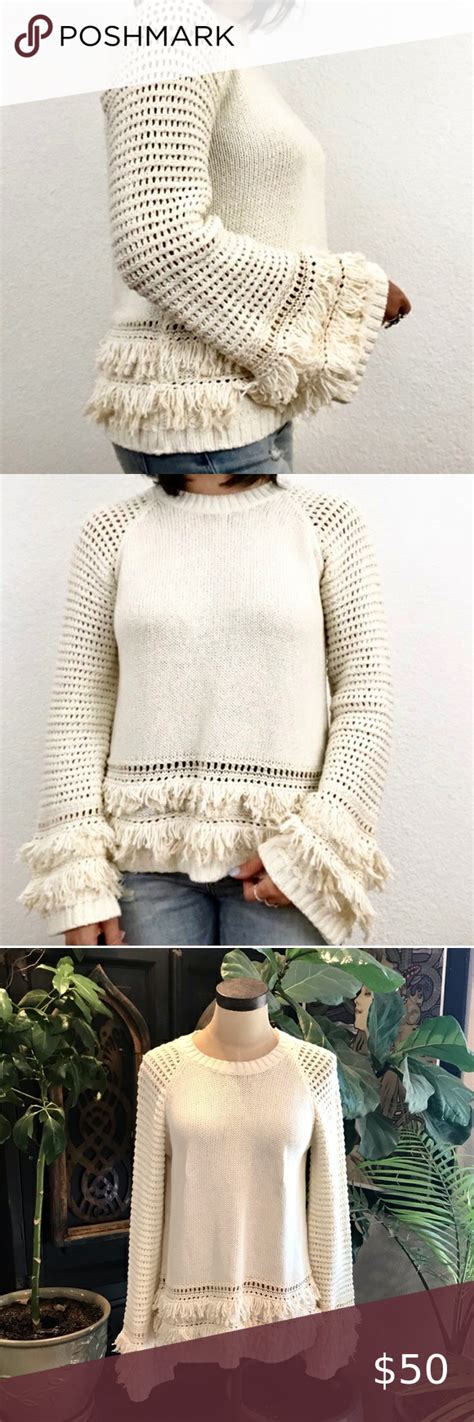 Chaser Cream Fringed Bell Sleeve Knit Sweater Knitted Sweaters Bell