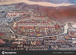 Madaba, Jordânia: o Mapa Mosaico de Madaba, um mapa com colinas, vales ...