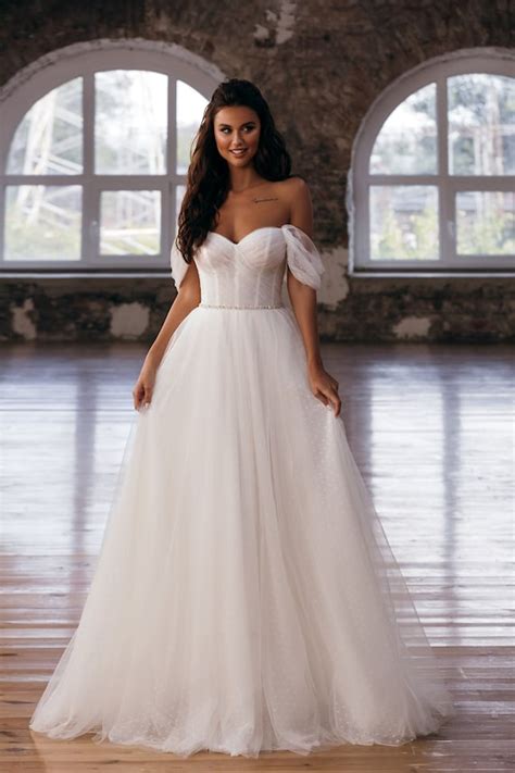 A Line Wedding Dress With Off The Shoulder Sleeves Tulle Etsy