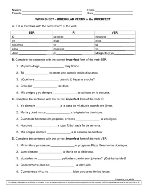 Irregular Verbs In The Imperfect Worksheet For 10th 11th Grade