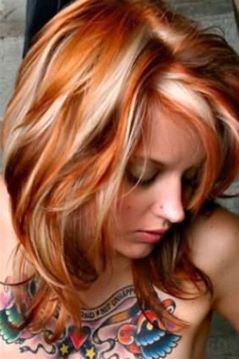 These blonde highlights look amazing with her curls. copper red hair, platinum blonde highlights | Red hair ...