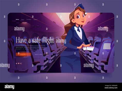 Stewardess With Ticket In Airplane Cartoon Landing Page Air Hostess Young Woman In Uniform