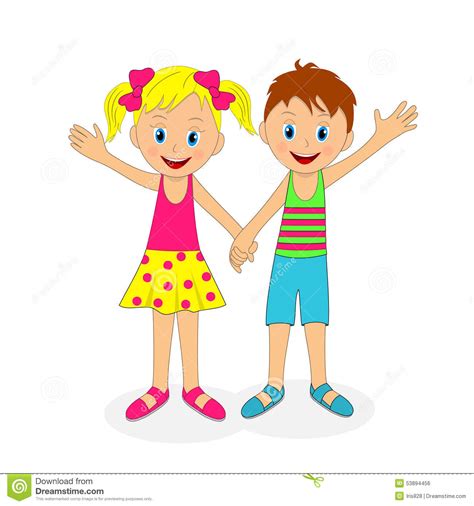 Boy And Girl Holding Hands And Waving Their Hand Stock
