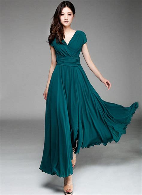 Cap Sleeve Teal Maxi Dress With V Neck And Ruched Waist Yoke Rm157 Teal