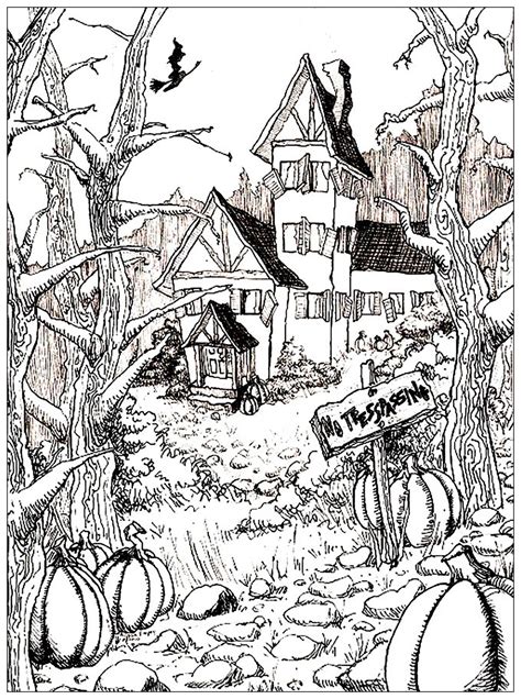 Haunted House And Pumpkins Halloween Adult Coloring Pages